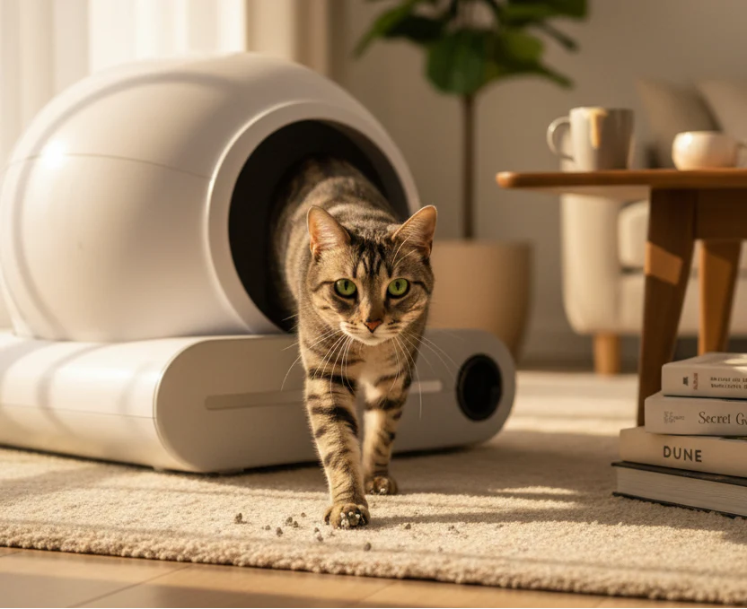 chat qui sort de la litière automatique
