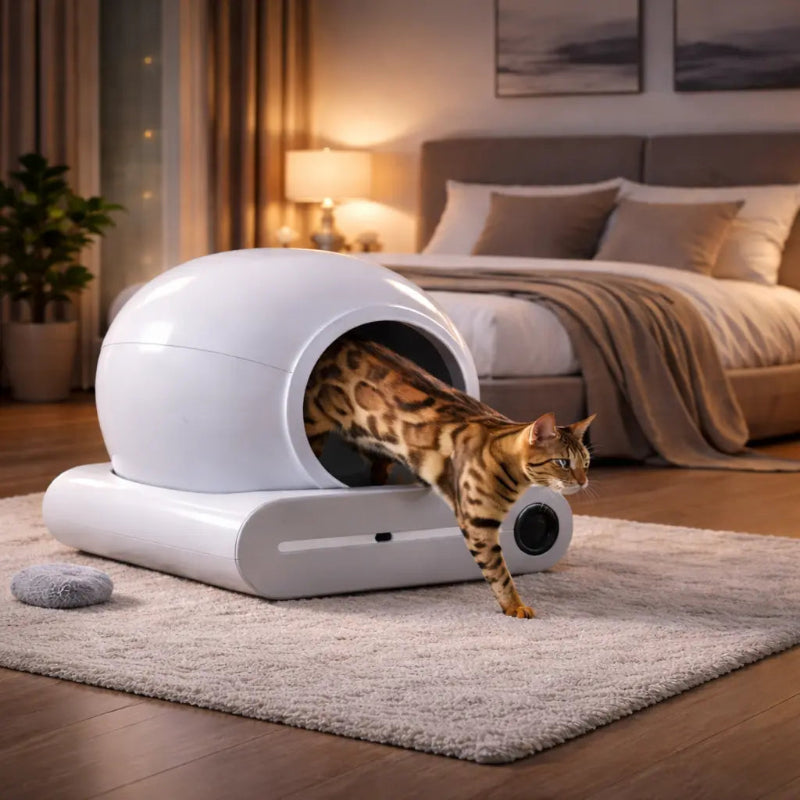 chat qui sort de la litière automatique