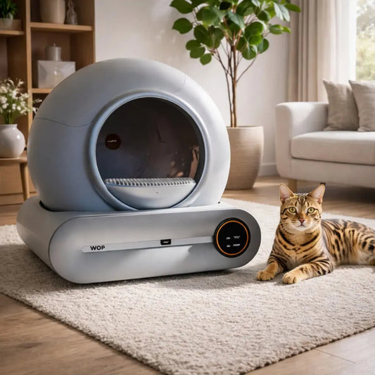 litière automatique dans un salon a coter d'un chat bengal