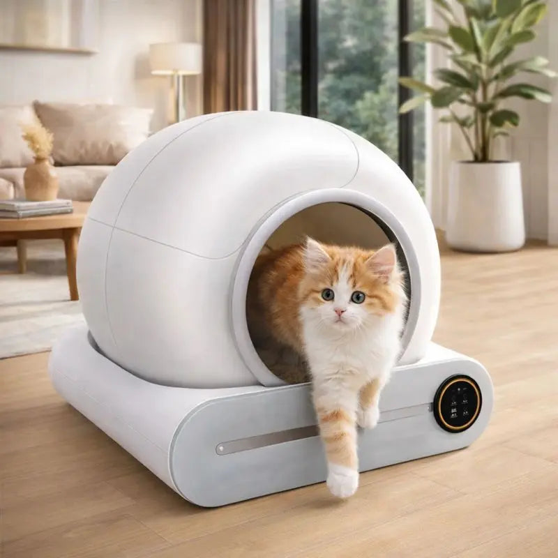 litière automatique intelligente blanche avec chat marron qui en sort