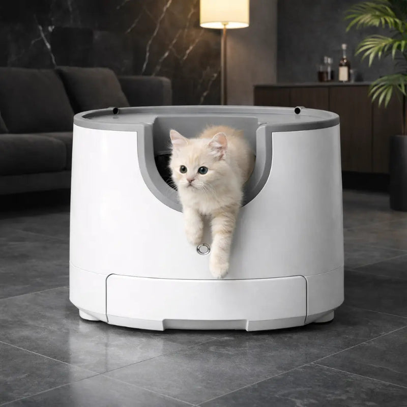 chat qui sort de la litière autonettoyante